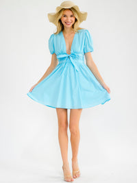 WOMEN'S SHORT SLEEVE V-NECK SMOCK WAIST FIT & FLARE MINI DRESS