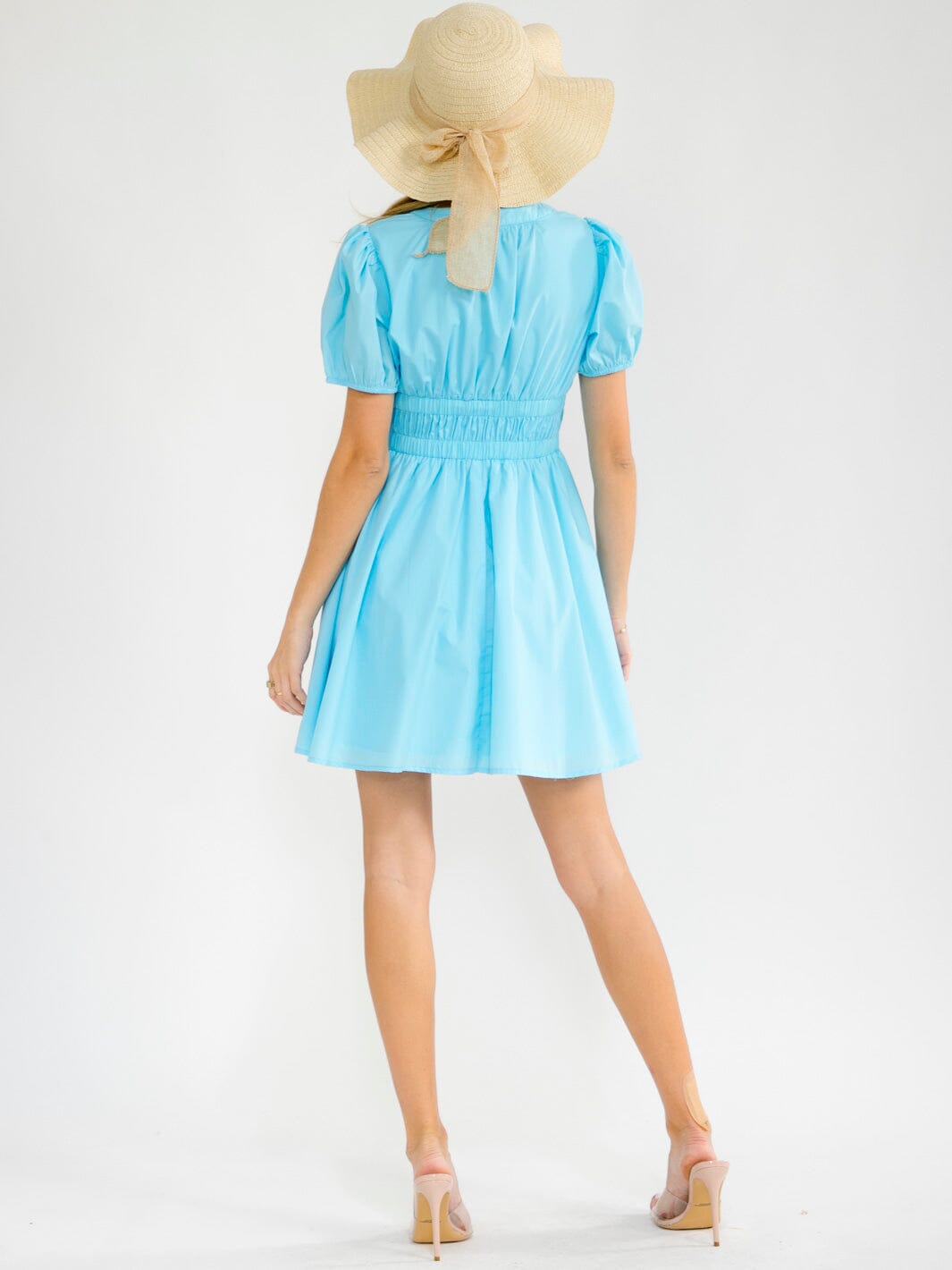 WOMEN'S SHORT SLEEVE V-NECK SMOCK WAIST FIT & FLARE MINI DRESS