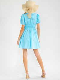 WOMEN'S SHORT SLEEVE V-NECK SMOCK WAIST FIT & FLARE MINI DRESS