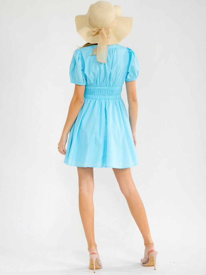 WOMEN'S SHORT SLEEVE V-NECK SMOCK WAIST FIT & FLARE MINI DRESS