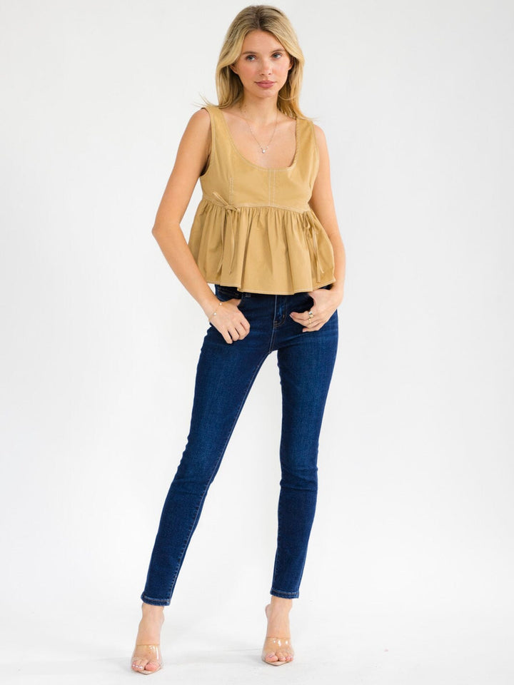 WOMEN'S SLEEVELESS STRETCH DENIM PEPLUM TOP