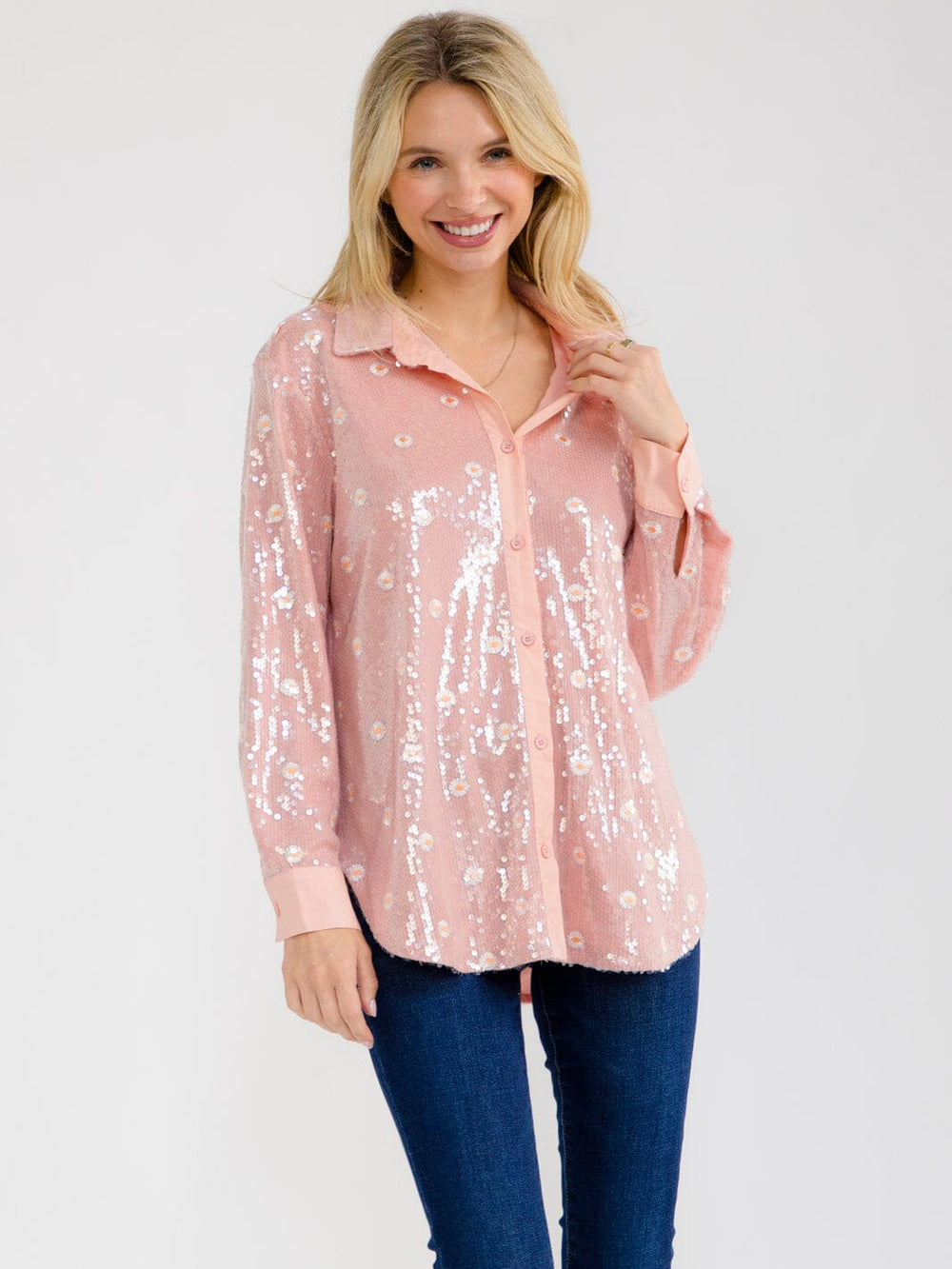 WOMEN'S LONG SLEEVE BUTTON UP FLOWER SEQUINS BLOUSE