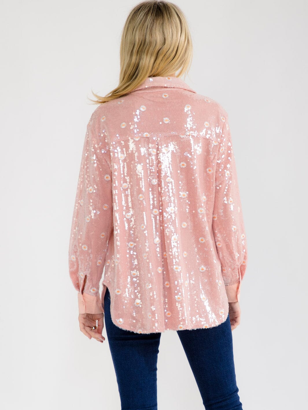 WOMEN'S LONG SLEEVE BUTTON UP FLOWER SEQUINS BLOUSE
