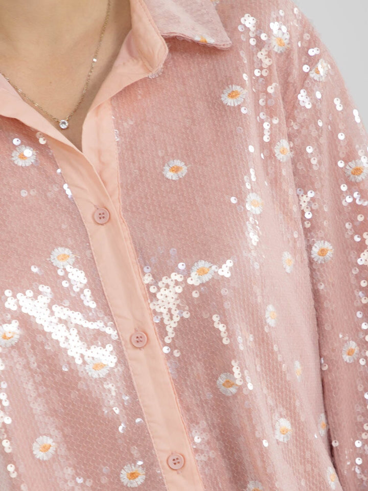 WOMEN'S LONG SLEEVE BUTTON UP FLOWER SEQUINS BLOUSE