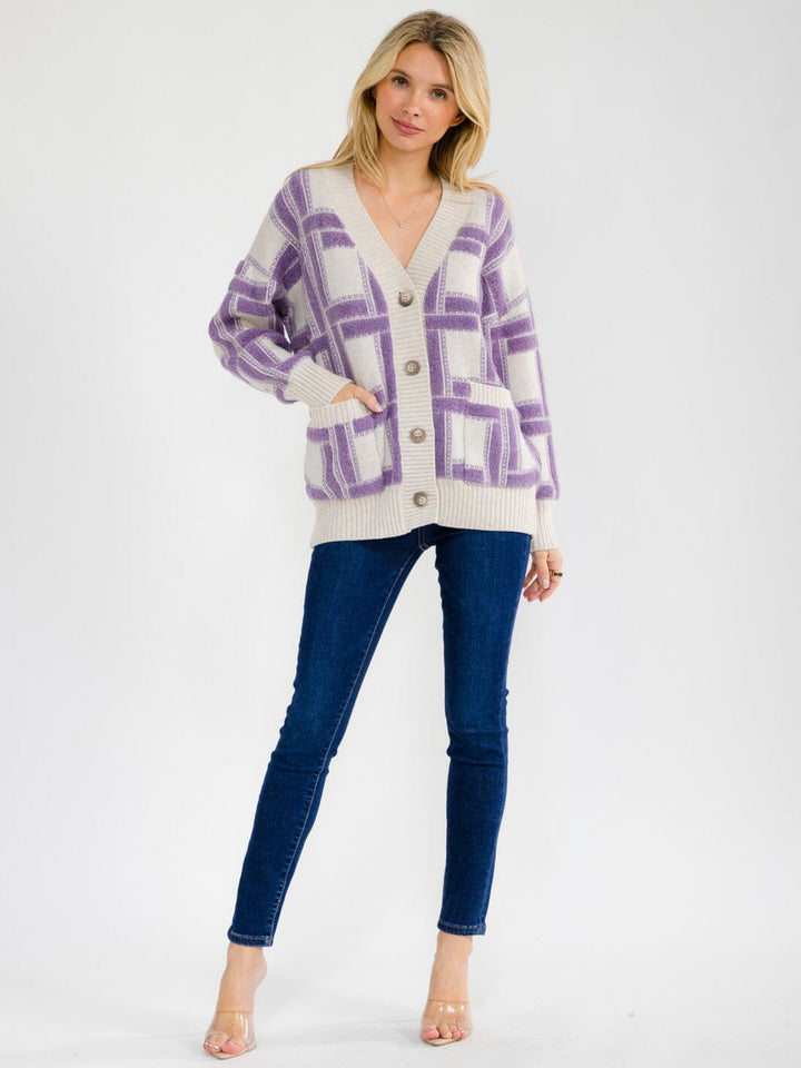 WOMEN'S LONG SLEEVE BUTTON CLOSURE FRONT POCKETS COLORBLOCK SWEATER