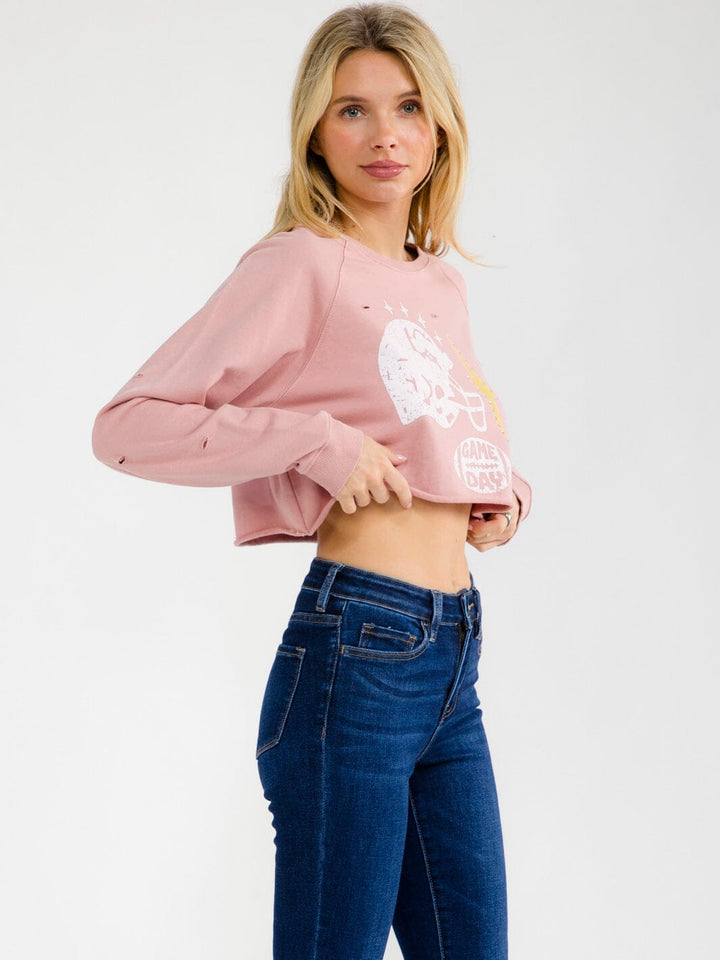 WOMEN'S LONG SLEEVE GAME DAY DISTRESS CROP TOP