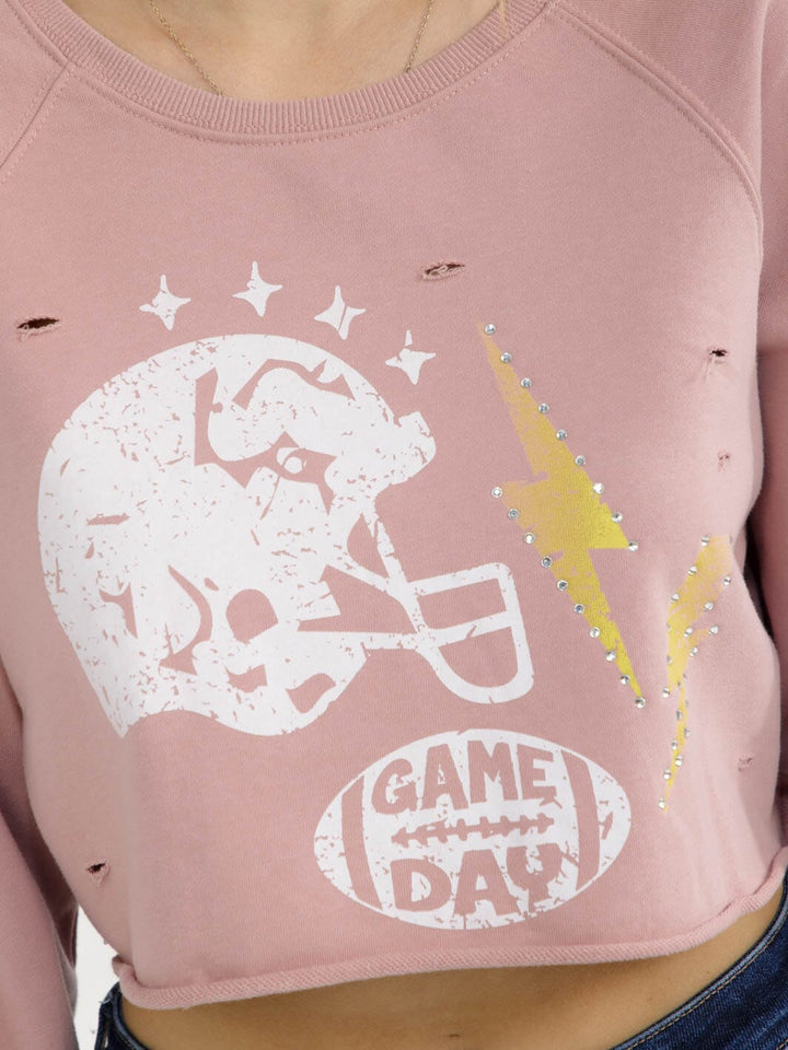 WOMEN'S LONG SLEEVE GAME DAY DISTRESS CROP TOP
