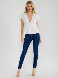 WOMEN'S SHORT SLEEVE V-NECK BUTTO UP LACE PEPLUM TOP