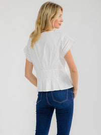 WOMEN'S SHORT SLEEVE V-NECK BUTTO UP LACE PEPLUM TOP