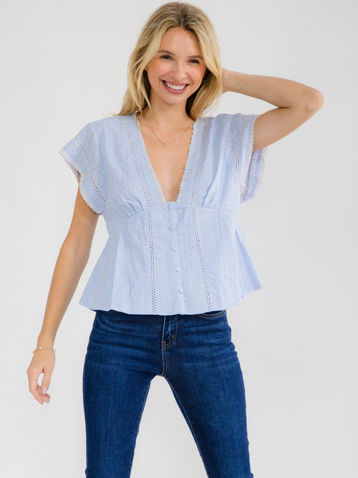 WOMEN'S SHORT SLEEVE V-NECK BUTTO UP LACE PEPLUM TOP