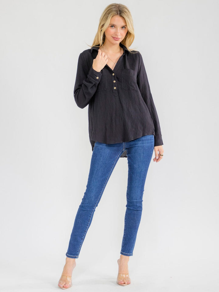 WOMEN'S LONG SLEEVE V-NECK BUTTON UP FRONT POCKETS HIGH-LOW TOP
