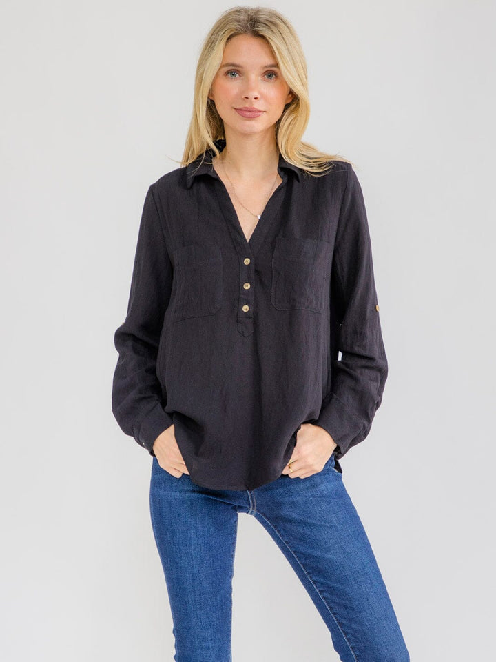WOMEN'S LONG SLEEVE V-NECK BUTTON UP FRONT POCKETS HIGH-LOW TOP