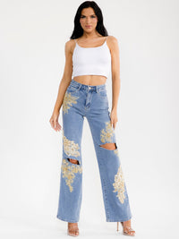 WOMEN'S BUTTON CLOSURE POCKET WIDE LEG RHINESTONES SEQUINS DISTRESS STRETCH DENIM PANTS