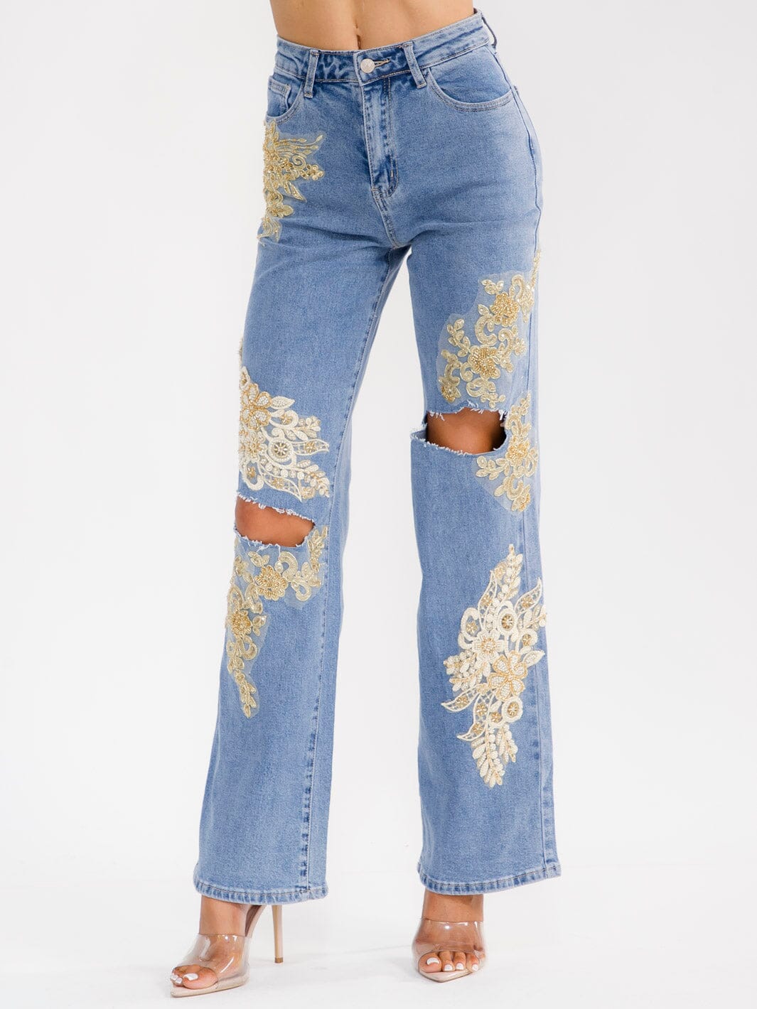 WOMEN'S BUTTON CLOSURE POCKET WIDE LEG RHINESTONES SEQUINS DISTRESS STRETCH DENIM PANTS