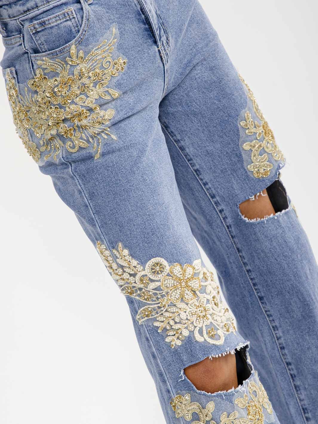 WOMEN'S BUTTON CLOSURE POCKET WIDE LEG RHINESTONES SEQUINS DISTRESS STRETCH DENIM PANTS
