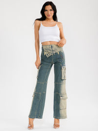 WOMEN'S ZIPPER CLOSURE CARGO POCKET STRAIGHT LEG STRETCH WASHED DENIM PANTS