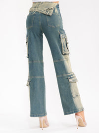 WOMEN'S ZIPPER CLOSURE CARGO POCKET STRAIGHT LEG STRETCH WASHED DENIM PANTS
