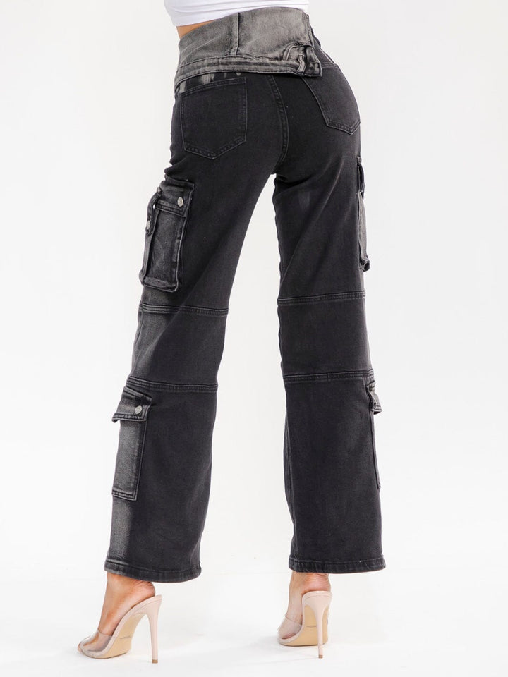 WOMEN'S ZIPPER CLOSURE CARGO POCKET STRAIGHT LEG STRETCH WASHED DENIM PANTS