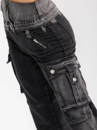 WOMEN'S ZIPPER CLOSURE CARGO POCKET STRAIGHT LEG STRETCH WASHED DENIM PANTS