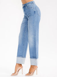 WOMEN'S BUTTON CLOSURE POCKET WIDE LEG RHINESTONES STRETCH DENIM PANTS