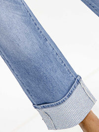 WOMEN'S BUTTON CLOSURE POCKET WIDE LEG RHINESTONES STRETCH DENIM PANTS