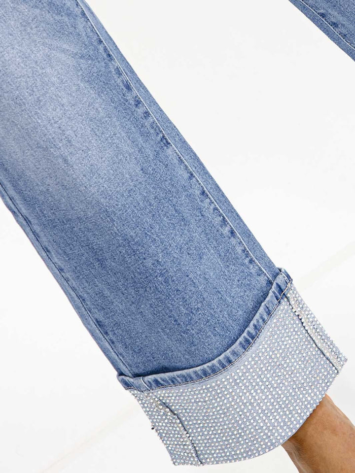 WOMEN'S BUTTON CLOSURE POCKET WIDE LEG RHINESTONES STRETCH DENIM PANTS