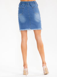 WOMEN'S BUTTON CLOSURE POCKETS RHINESTONES WASHED STRETCH DENIM SKIRT