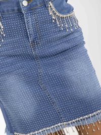 WOMEN'S BUTTON CLOSURE POCKETS RHINESTONES WASHED STRETCH DENIM SKIRT