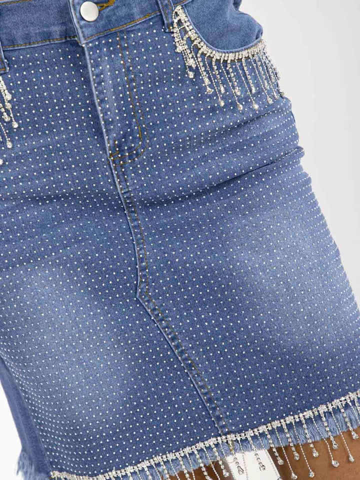 WOMEN'S BUTTON CLOSURE POCKETS RHINESTONES WASHED STRETCH DENIM SKIRT
