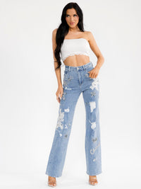 WOMEN'S BUTTON CLOSURE POCKET WIDE LEG RHINESTONES SEQUINS DISTRESS STRETCH DENIM PANTS