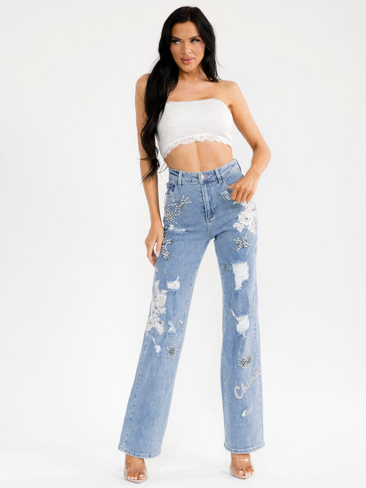 WOMEN'S BUTTON CLOSURE POCKET WIDE LEG RHINESTONES SEQUINS DISTRESS STRETCH DENIM PANTS