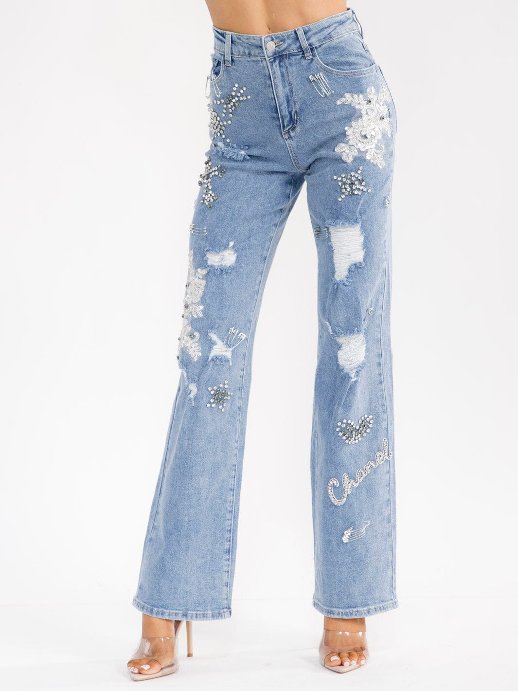 WOMEN'S BUTTON CLOSURE POCKET WIDE LEG RHINESTONES SEQUINS DISTRESS STRETCH DENIM PANTS