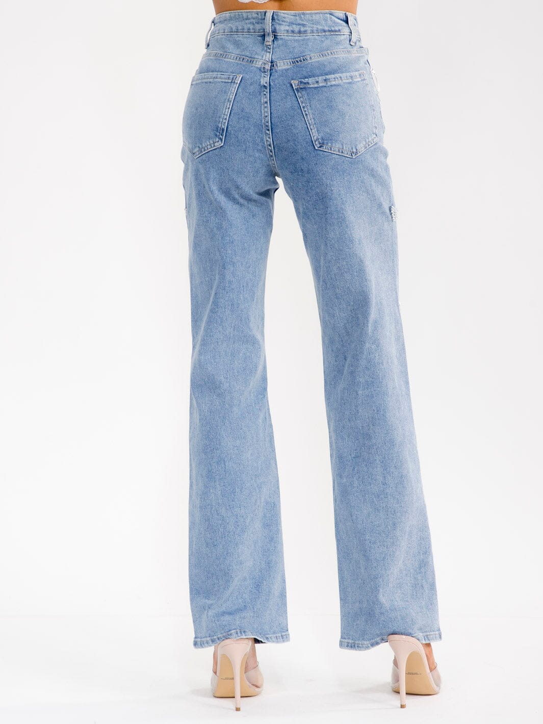 WOMEN'S BUTTON CLOSURE POCKET WIDE LEG RHINESTONES SEQUINS DISTRESS STRETCH DENIM PANTS