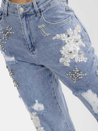 WOMEN'S BUTTON CLOSURE POCKET WIDE LEG RHINESTONES SEQUINS DISTRESS STRETCH DENIM PANTS
