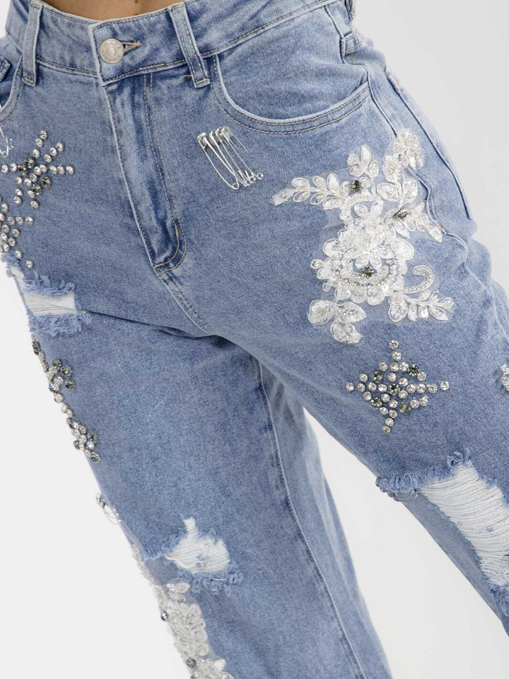 WOMEN'S BUTTON CLOSURE POCKET WIDE LEG RHINESTONES SEQUINS DISTRESS STRETCH DENIM PANTS