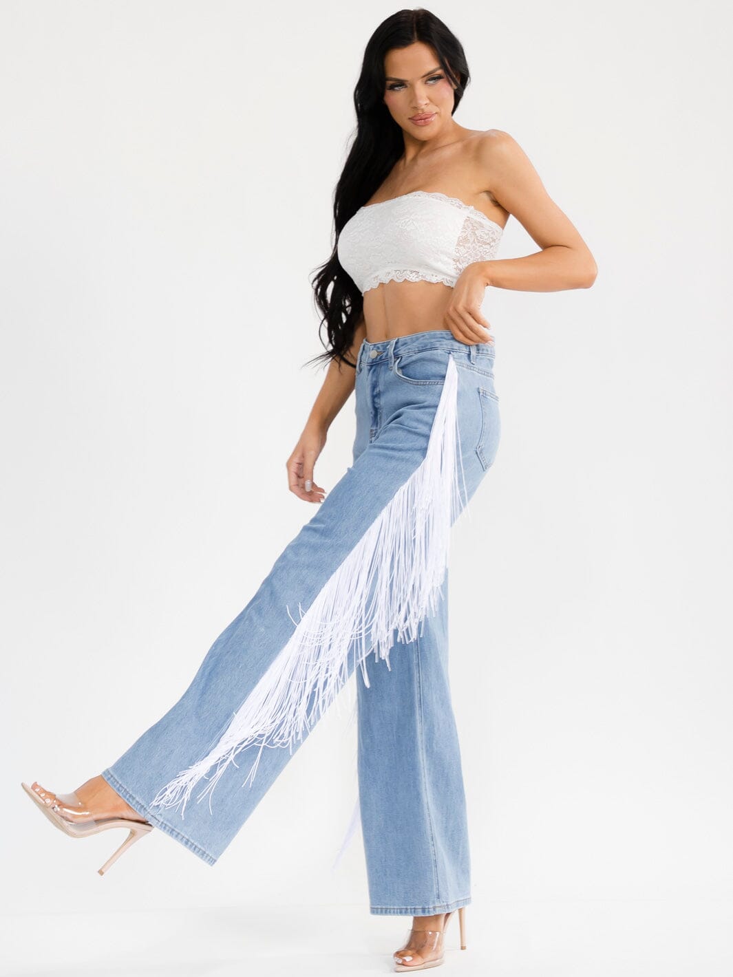 WOMEN'S BUTTON CLOSURE POCKETS SIDE FRINGE WIDE LEG DENIM PANTS