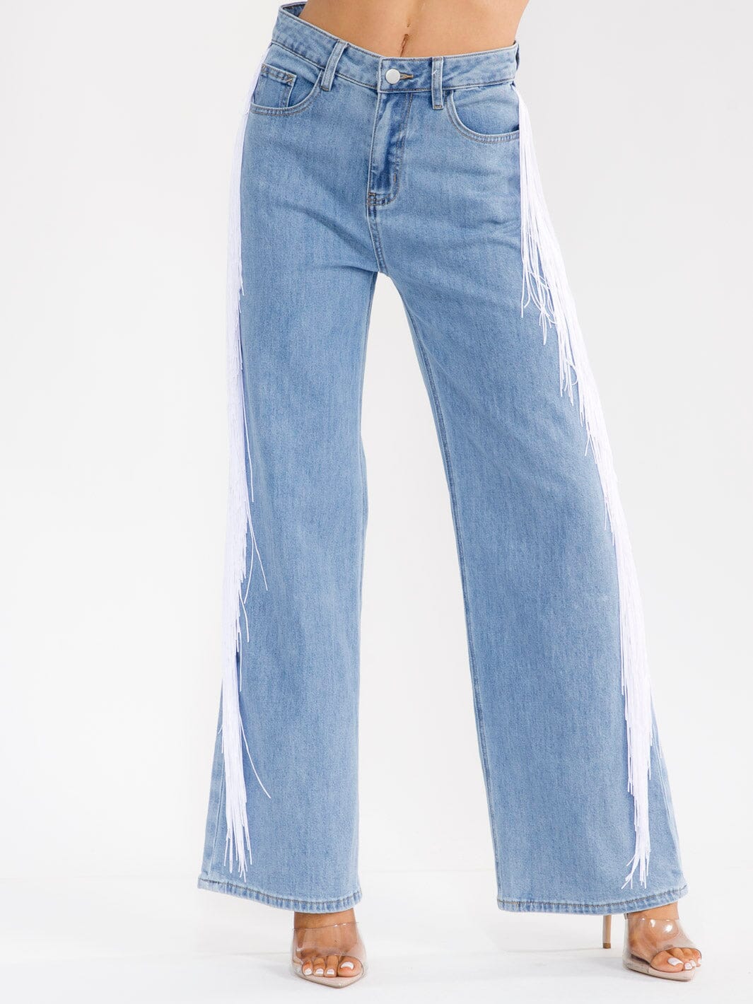 WOMEN'S BUTTON CLOSURE POCKETS SIDE FRINGE WIDE LEG DENIM PANTS