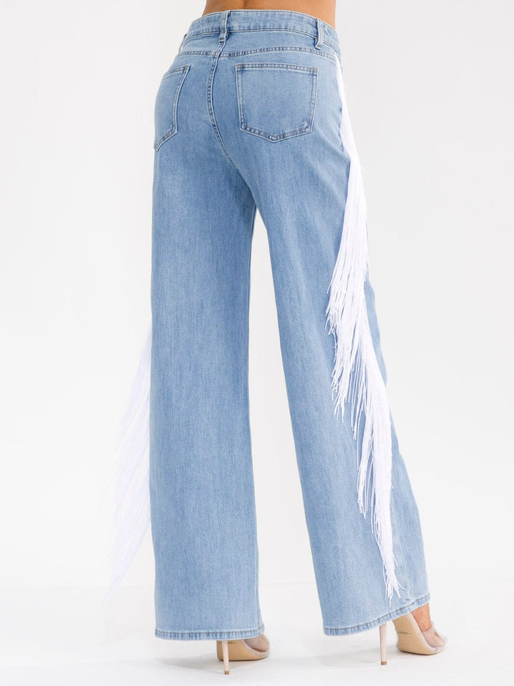 WOMEN'S BUTTON CLOSURE POCKETS SIDE FRINGE WIDE LEG DENIM PANTS