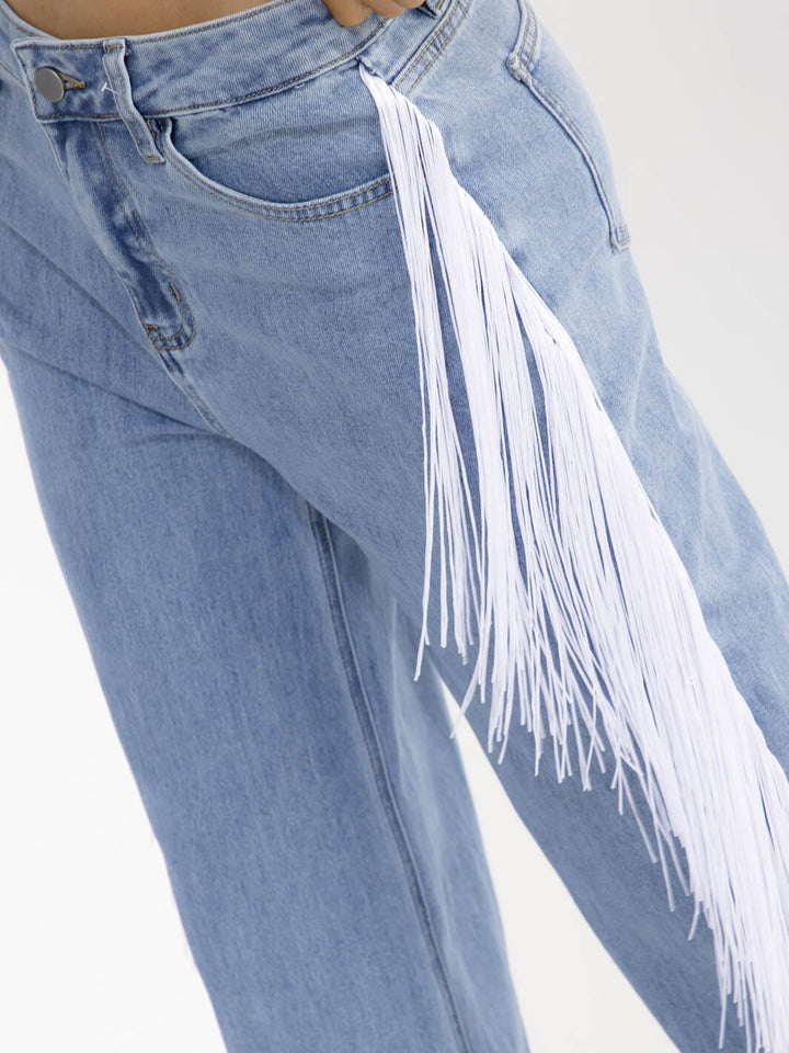 WOMEN'S BUTTON CLOSURE POCKETS SIDE FRINGE WIDE LEG DENIM PANTS