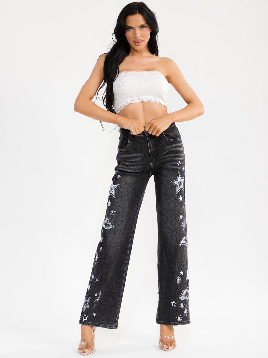 WOMEN'S BUTTON CLOSURE POCKETS WASHED STITCHED WIDE LEG DENIM PANTS