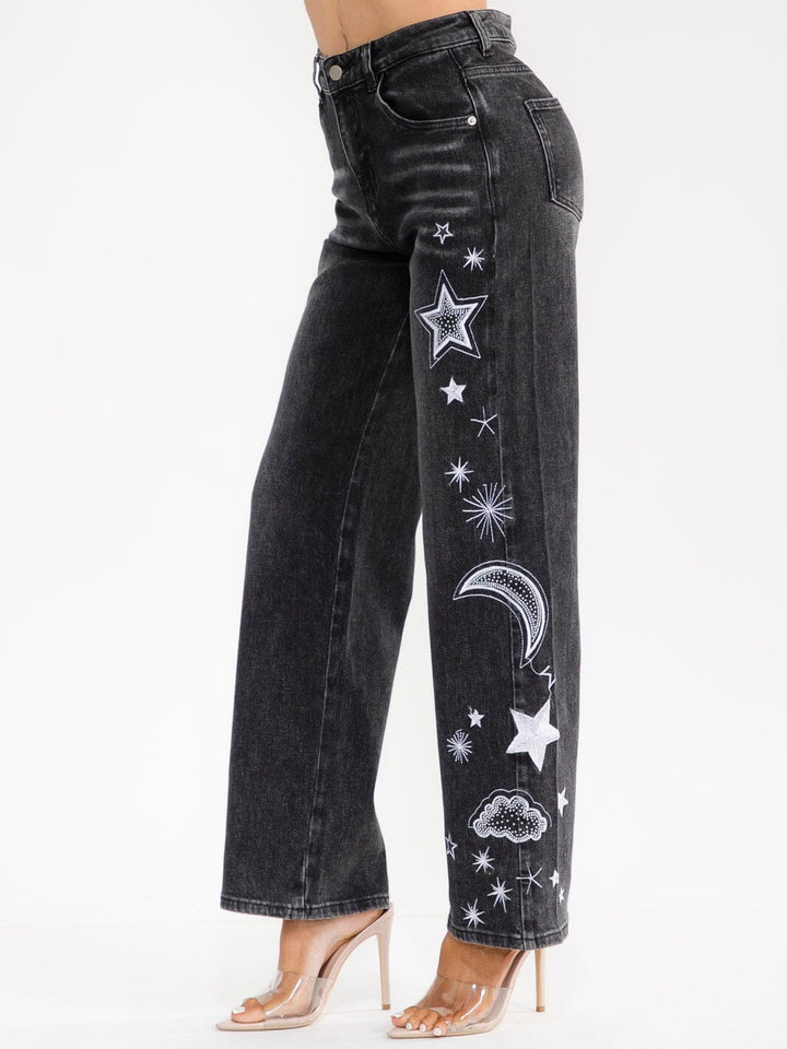 WOMEN'S BUTTON CLOSURE POCKETS WASHED STITCHED WIDE LEG DENIM PANTS