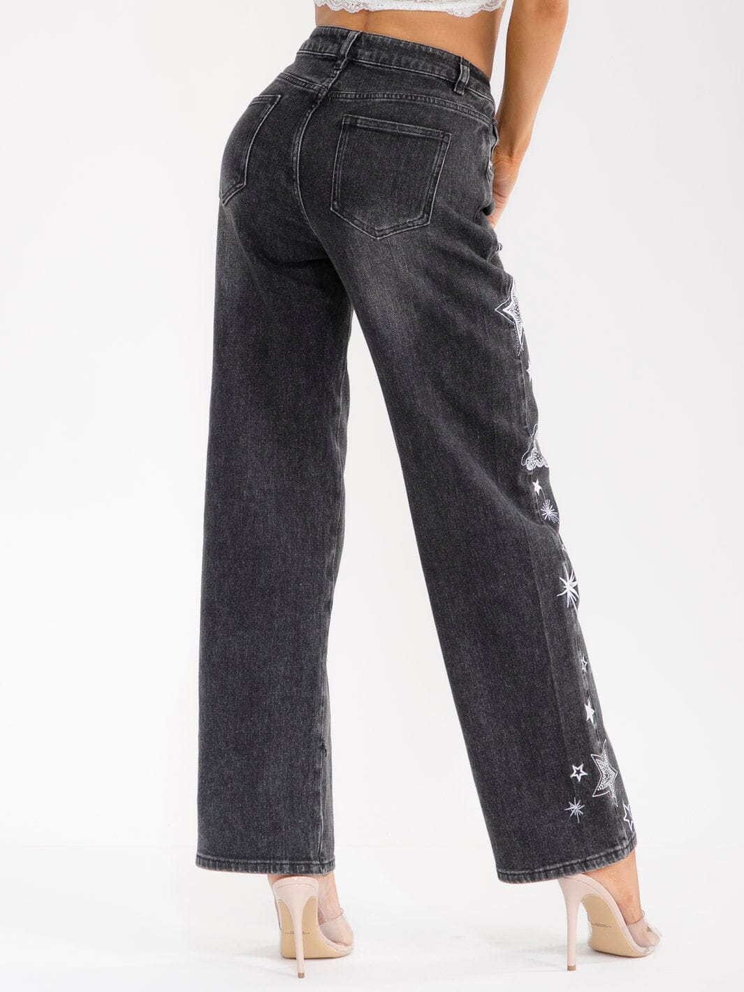 WOMEN'S BUTTON CLOSURE POCKETS WASHED STITCHED WIDE LEG DENIM PANTS