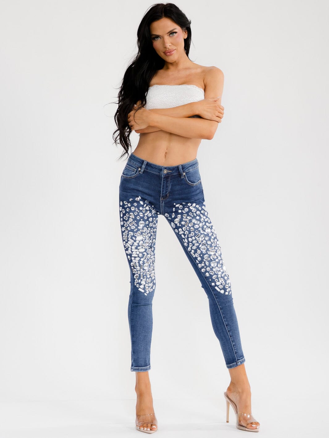 WOMEN'S BUTTON CLOSURE POCKET SKINNY LEG RHINESTONES STRETCH DENIM PANTS