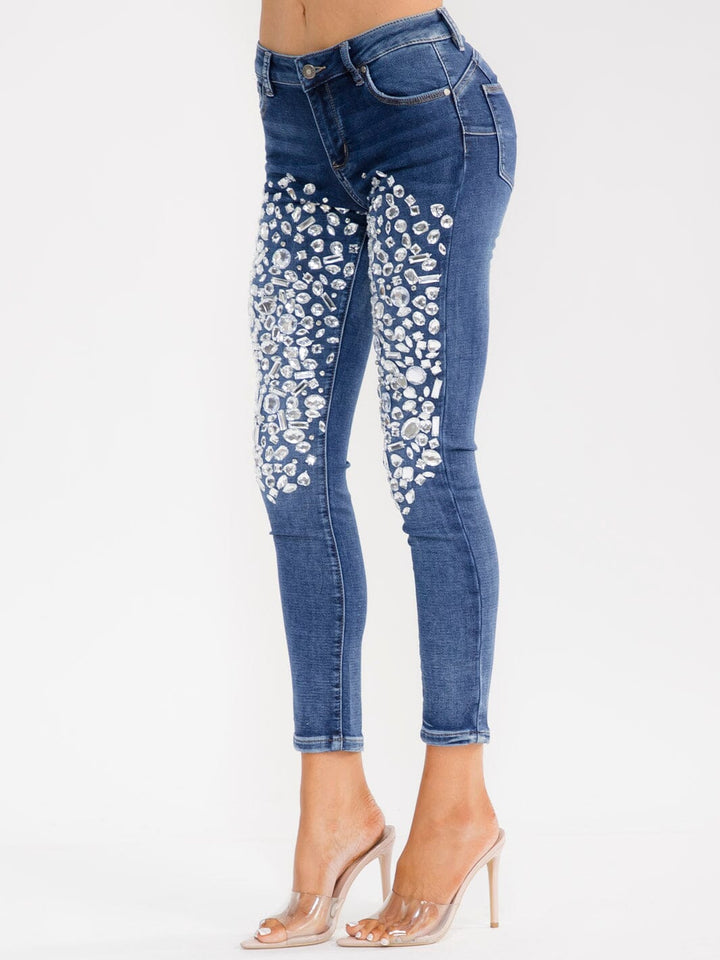 WOMEN'S BUTTON CLOSURE POCKET SKINNY LEG RHINESTONES STRETCH DENIM PANTS