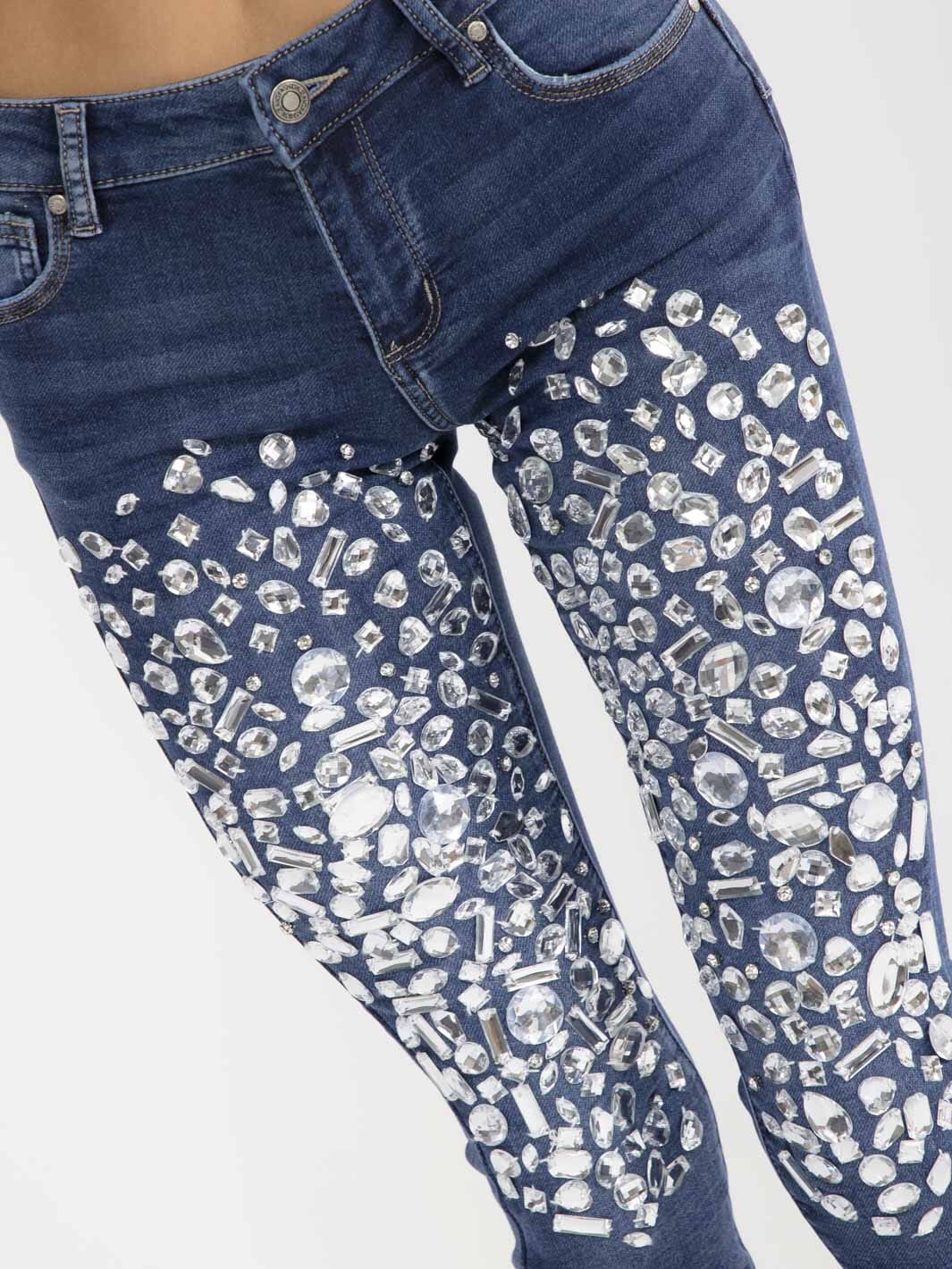 WOMEN'S BUTTON CLOSURE POCKET SKINNY LEG RHINESTONES STRETCH DENIM PANTS