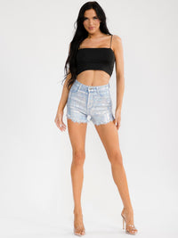 WOMEN'S BUTTON CLOSURE POCKET RAW EDGE METALLIC DENIM SHORTS