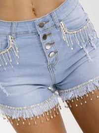 WOMEN'S BUTTON CLOSURE POCKET RHINESTONES STRETCH DENIM SHORTS