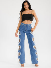 WOMEN'S BUTTON CLOSURE POCKET STRAIGHT LEG ANIMAL PRINT STRETCH DENIM PANTS