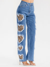 WOMEN'S BUTTON CLOSURE POCKET STRAIGHT LEG ANIMAL PRINT STRETCH DENIM PANTS