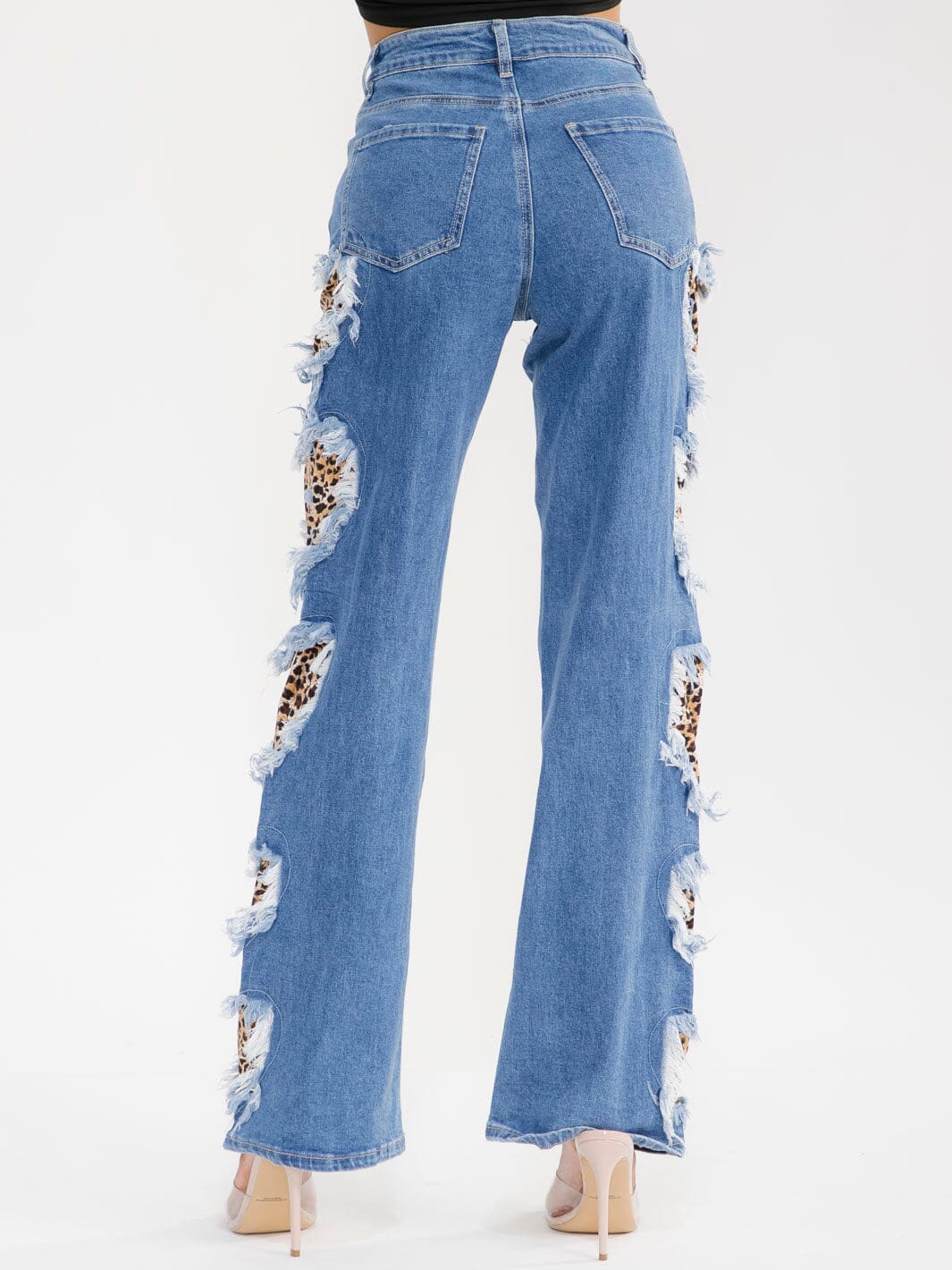 WOMEN'S BUTTON CLOSURE POCKET STRAIGHT LEG ANIMAL PRINT STRETCH DENIM PANTS